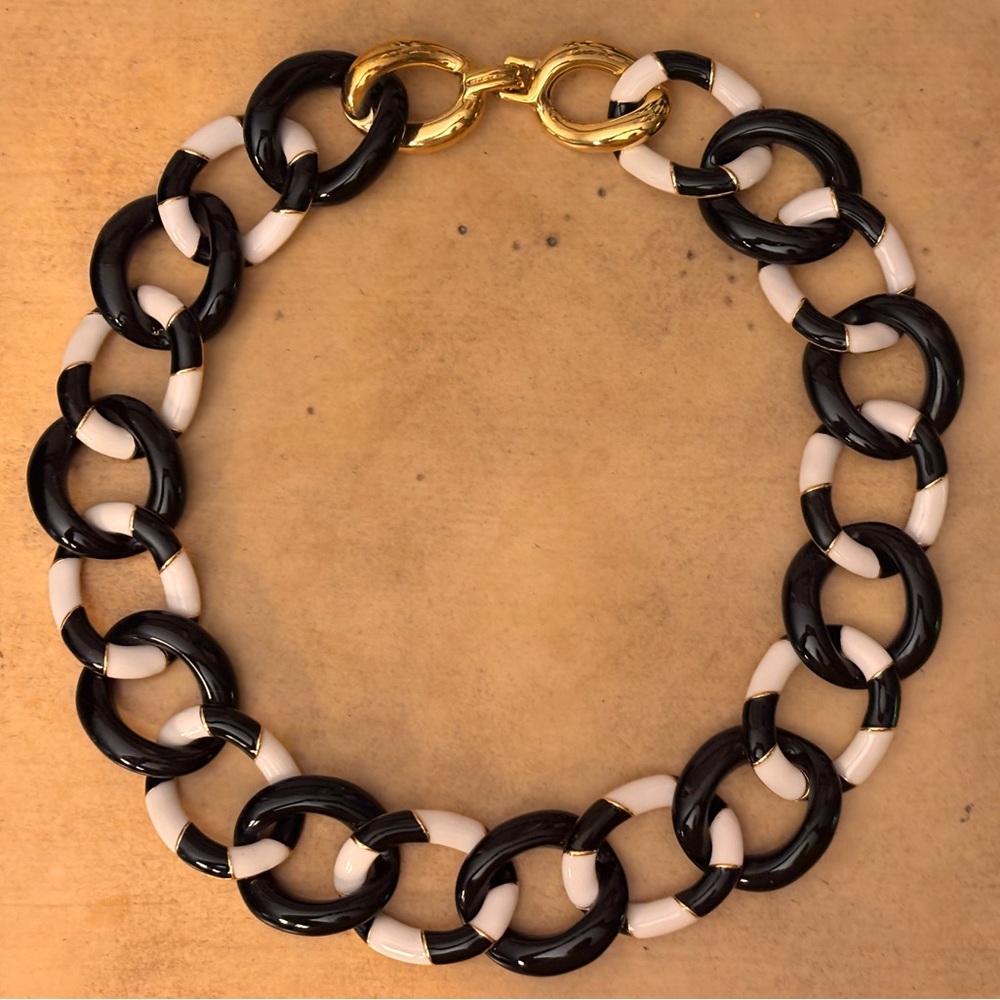 Kenneth Jay Lane KJL Black & White Enamel Link with Golden Accents Necklace